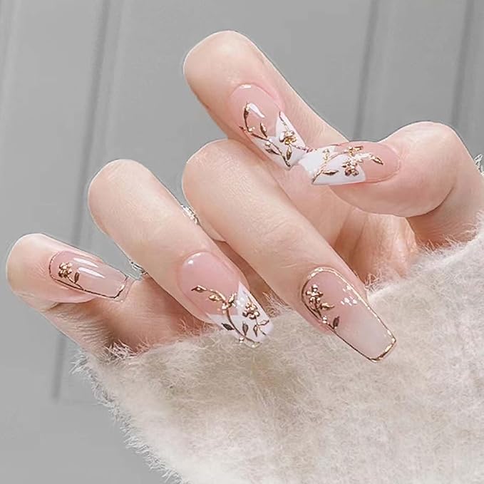 Hkanlre Nude Press on Nails French Nude Long Leaf Fake Nails Tips Full Cover Coffin False Nails for Women and Girls 24PCS