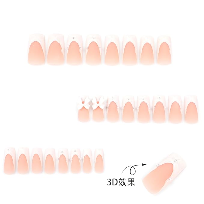 Handmade 3D White Bow French Tips Press On Nails Square Medium Length, Bow French Tip Designer Reusable Acrylic Fake Nails With Cute Glue On Nails, Daily Wear Nails For Women Girls