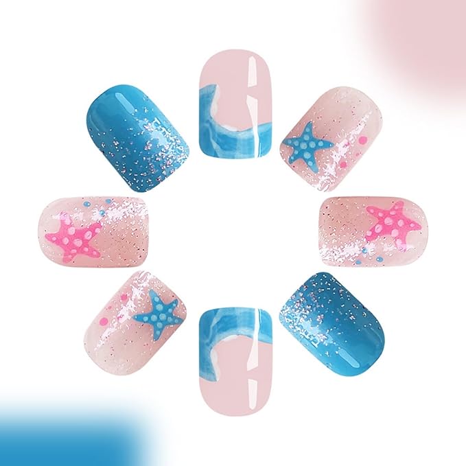 Summer Press on Nails Short Square Fake Nails with Designs Beach False Nails Plam Tree Glossy Full Cover Blue Acrylic Glue on Nails Starfish Sea Stick on Nails for Women Manicure 24 Pcs