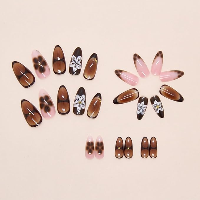 24Pcs Almond Press on Nails Brown Flower Fake Nails Medium 3D Flower Acrylic Nails with Gold Bead Charms Amber French Tip False Nail Reusable Glue on Nails for Women DIY Manicure Decoration