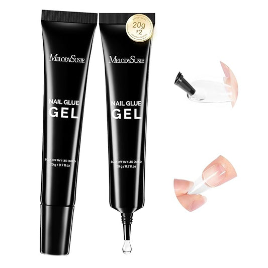 MelodySusie 2Pcs*20g Solid Nail Glue Gel, Super Strong & Long Lasting Soft Gel Nail Tips Glue for Acrylic Fake Nails, 3D Christmas Nail Art, Nail Gem, Soak Off UV & LED Lamp Needed, Home DIY & Salon