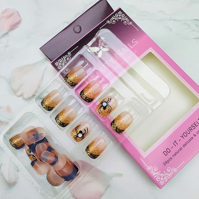 Halloween Press on Nails Short Square Fake Nails Orange Black Gradient French Tip False Nail with Spider Design Full Cover Glitter Stick on Nails Cute Halloween Acrylic Nail for Women Manicure 24Pcs