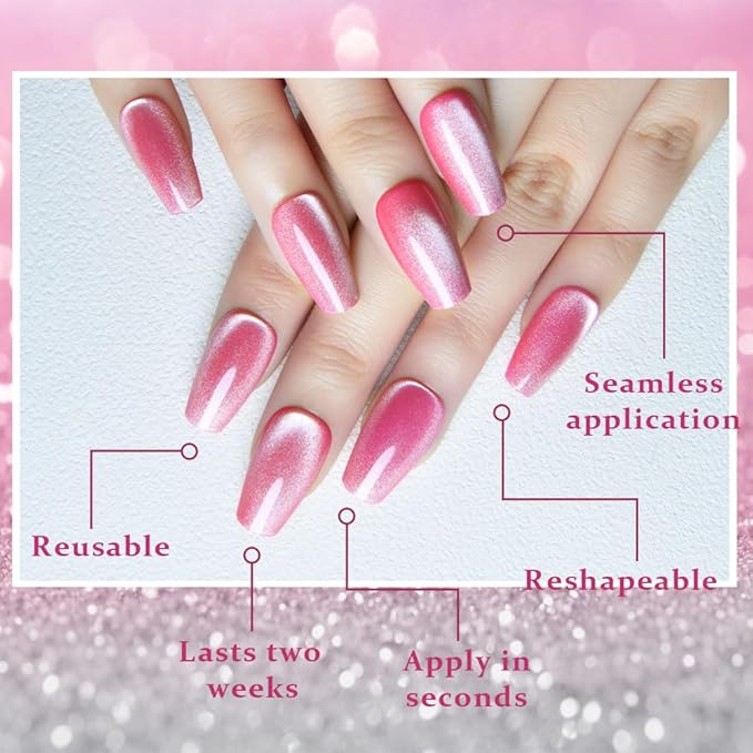 evpct Rose Pink Cat Eye Coffin Press on Nails Square Medium, Medium Square Glue on Nail for Women, Rose Pink Metallic Glitter Glossy Reusable Summer Soft Gel Press on Acrylic Fake Nail with Designs