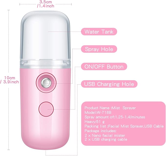 Honoson 2 Nano Facial Mister Sprayer Portable Face Nano Mister for Eyelash Extensions USB Rechargeable 1 oz Handy Skin Care Machine for Face Hydrating, Daily Makeup(Dark Pink and White)