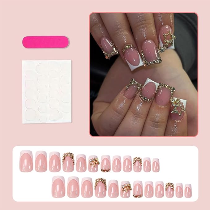 French Tip Press on Nails Short Square Fake Nails with 3D Rhinestone Designs Glossy Pink False Nails Gold Charms Acrylic Nails Press on Artificial Nail Tips Full Cover Glue on Nails for Women 24Pcs