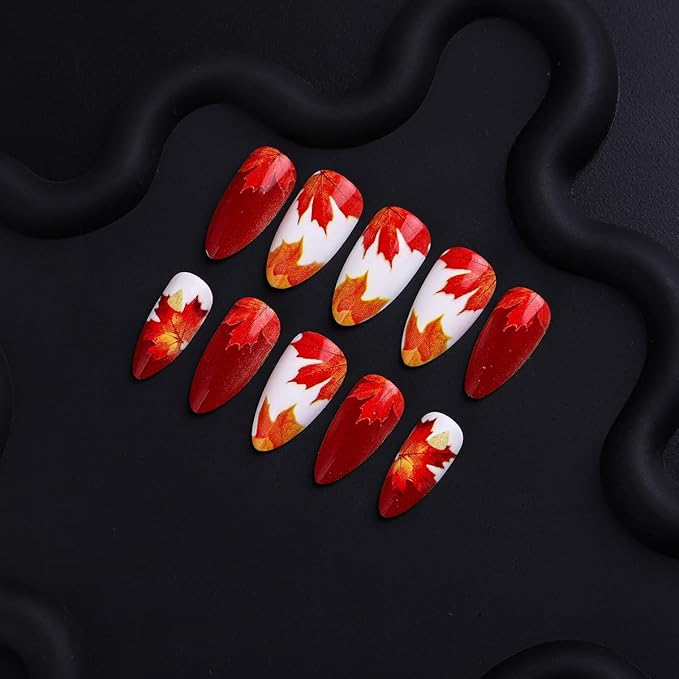 Maple Leaf Press on Nails Medium Almond Fake Nails Fall Nails Press ons Flaming Leaves Design Thanksgiving Acrylic Nail Autumn Glue on Nail Glossy Full Cover False Nail for Women DIY 24Pcs