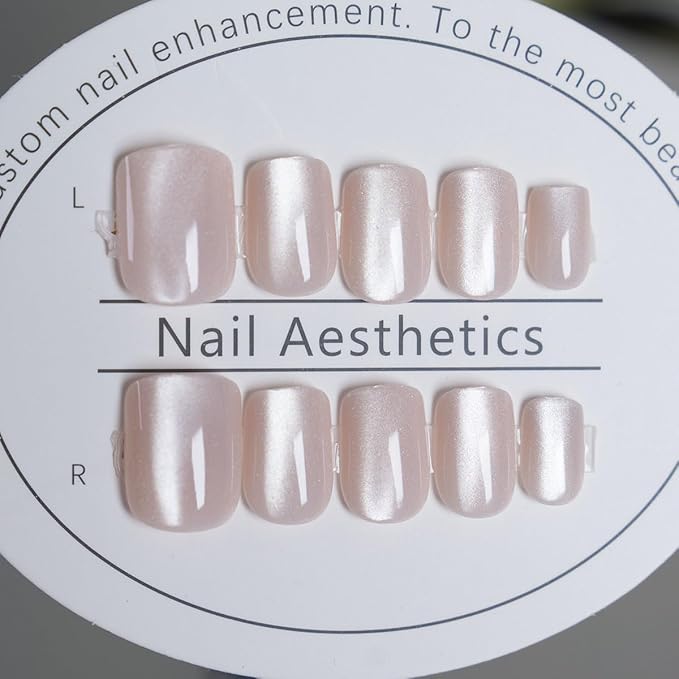 Cat Eye Nude Press On Nails Short Square, Designer Reusable Acrylic Fake Nails with Glue, Glossy Soft Gel Nails Wedding and Party, Stick On Glue On Nails, Nails Press Ons for Women