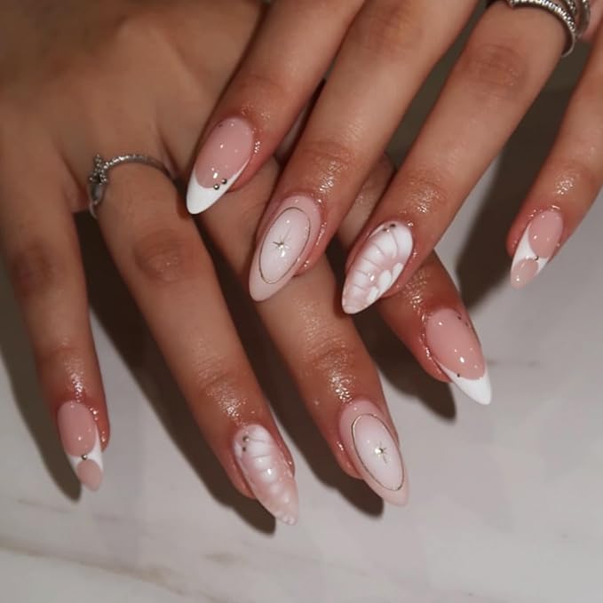 IMRAIN Medium Almond Press on Nails French Tips Fake Nails with Crocodile Print Designs Nude White Ombre Glossy Glue on Nails Acrylic Full Cover Golden Star Stick on False Nails for Women Girls