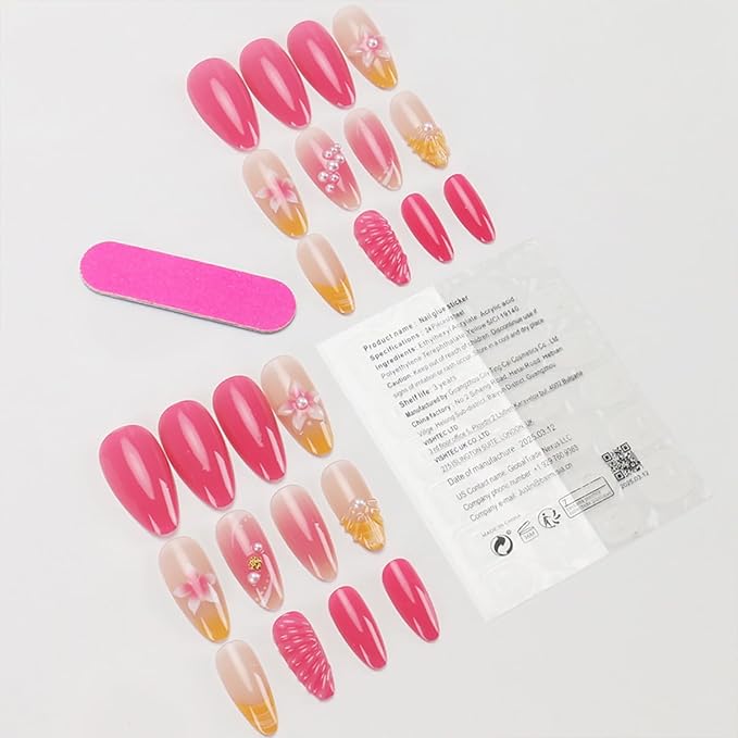 24pcs Pink Flower Almond Acrylic False Nails with Orange French Tip, Silver Pearl Shell Design, Summer Water Ripple, Glossy Finish, Full Cover, Artificial Glue on Nails for Women