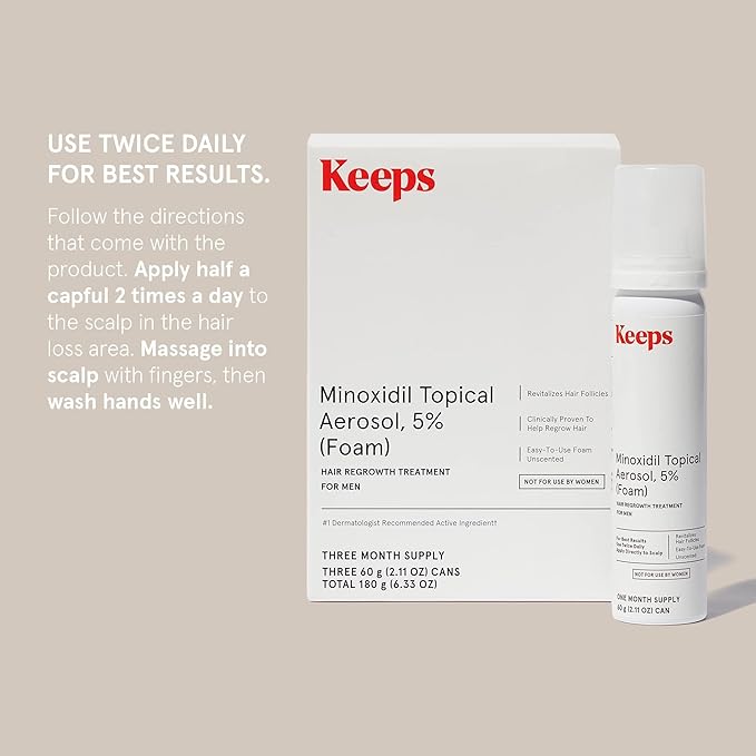 Keeps Extra Strength Minoxidil for Men - 5% Minoxidil Foam Hair Loss & Regrowth Treatment for Thinning & Bald Spots - Clinically Proven Hair Growth Products - Unscented Topical Aerosol Foam