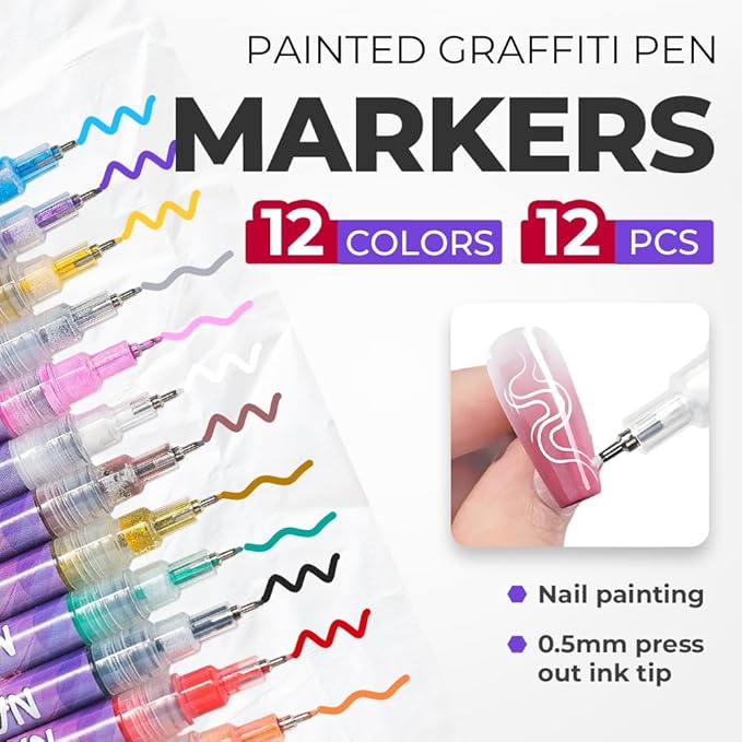 12 Colors Nail Art Pens Set, 2026 New Nail Art Markers Polish Pen for Drawing, Dotting, and Painting, DIY Nail Art Liner Brush Kit Manicure Tools (1 Set)