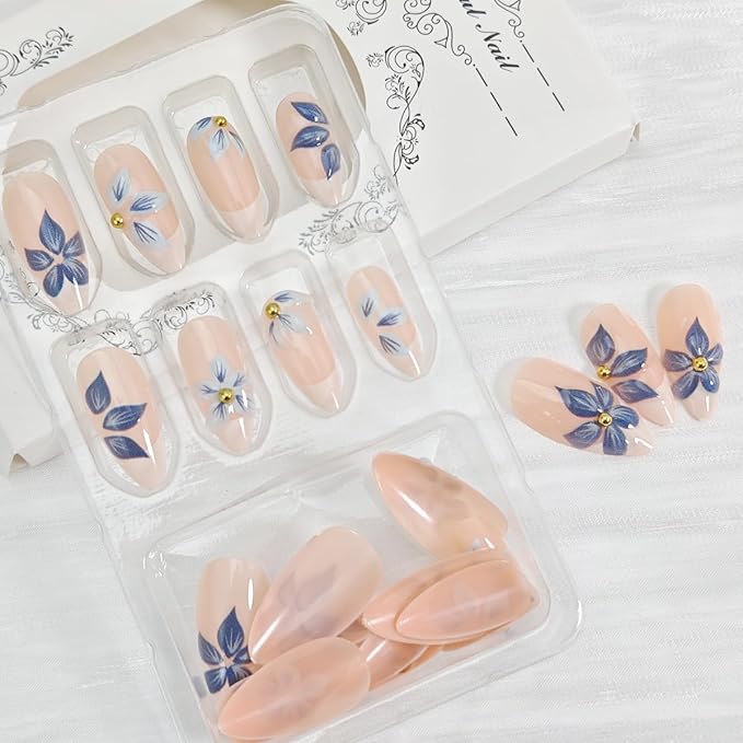 24Pcs Blue Flower Press on Nails Short Almond French Tip Fake Nails 3D Gold Rhinestones Flower Core Design Summer False Nails Cute Stick on Nails Full Cover Glue on Nails for Women Acrylic Nails