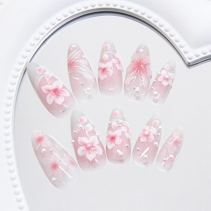 24pcs Pink Flower Press on Nails Medium Almond Fake Nails with 3D Butterfly Pearl Designs Cute Floral False Nails Kit Flowers Acrylic Nail Tips Full Cover Stick on Nails for Women Nail Art Decoration