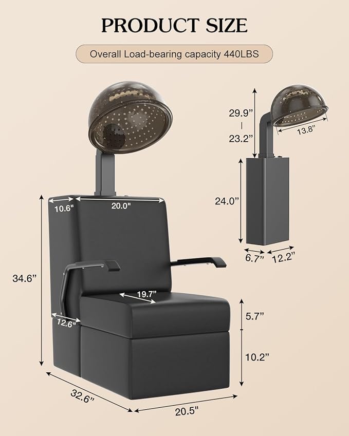 Paddie Professional Hair Dryer Chair for Salon, Angle & Height & Temperature Adjustable 1000W Downdraft Hood, 60-Minute Timer