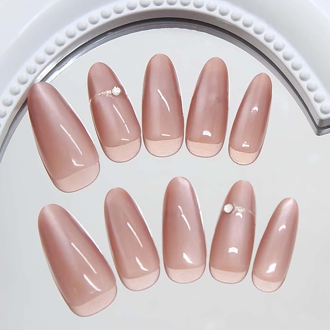 Press on Nails Almond Short Fake Nails Reusable Glossy Acrylic Nails Pink with Drill Design Glue on Nails Full Cover Artificial Stick on Nails for Women 24 Pcs