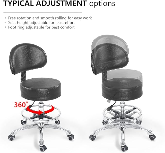 Grace&Grace Height Adjustable Swivel Rolling Stool with Back Extra Thick Seat for Ultimate Comfort for Salon, Studio, Shop, Kitchen (Black,with Foot Rest)