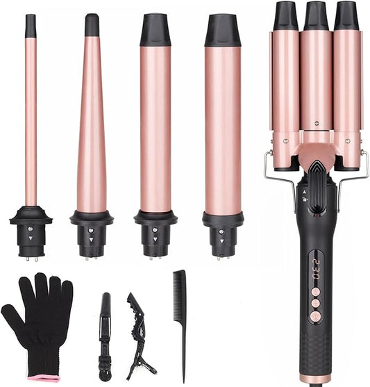 5 in 1 Curling Wand Set, Three Barrel Curling Iron Set with 3 Barrel Curling Iron and 4 Interchangeable Ceramic Curling Wand(0.5”-1.25”), Fast Heating, Include Glove & 2 Clips