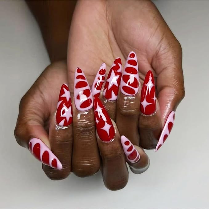 IMRAIN Medium Press on Nails Almond Fake Nails Red Pink False Nails with Star Designs Glossy Full Cover Acrylic Stick on Nails for Women Girls 24Pcs