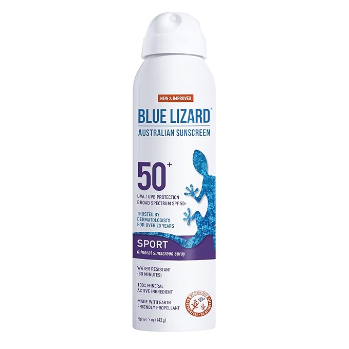BLUE LIZARD Sport Mineral Sunscreen Spray SPF 50+, Dermatologist-Recommended Brand, Broad-Spectrum UVA/UVB Protection, Water-Resistant, Zinc Oxide Formula, Vegan, 5 fl oz
