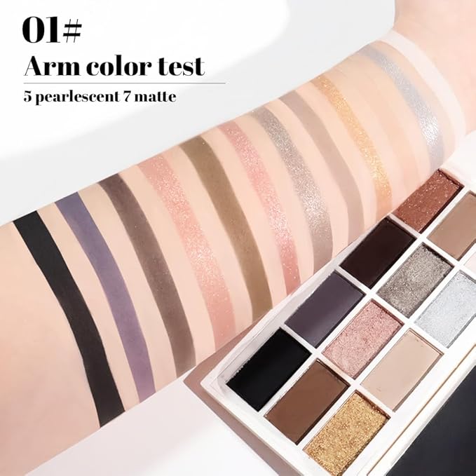 12 Colors Matte Shimmer Pressed Eye Shadow Palette - Beige Light Nude Brown Cocoa Taupe Black Smoky, Silver Bronze Gold Rose Champagne, Vegan Cruelty-Free, for Women Pro Makeup Looks
