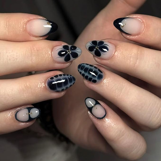 French Short Almond Press On Nails, Nude Fake Nails with Black Floral & Crocodile Texture Detail, Glossy Gel Finish Acrylic Nails, Daily/Party Reusable Glue On Nails Kit for Women, 24Pcs