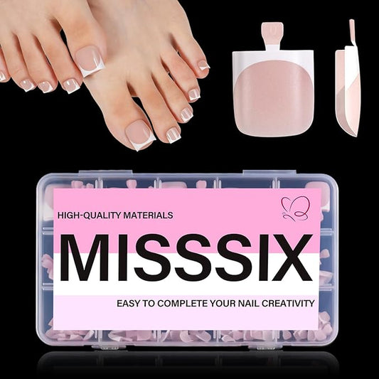 Misssix French Tip Press on Toe Nails, French Square Toe Nail Tips Skin White, Soft Gel False Toenail, Acrylic Soak off Fake Toe Nails for Women Nail Art DIY 15 Sizes