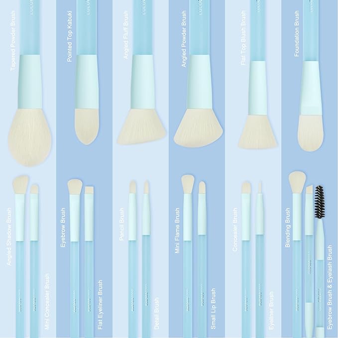 18-Piece Light Blue Professional Makeup Brush Set – Translucent Rubberized Handles, Soft Synthetic Bristles for Face & Eye Makeup – Includes Travel Bag & Sponges,Complete Brush Collection