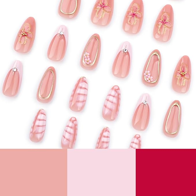 24Pcs Spring Flower Press on Nails Short Almond Fake Nails with 3D Floral Star Pearls Charms Glue on Nails Gold Chrome False Nails Pink French Tip Acrylic Press ons Stick on Nails for Women Girls