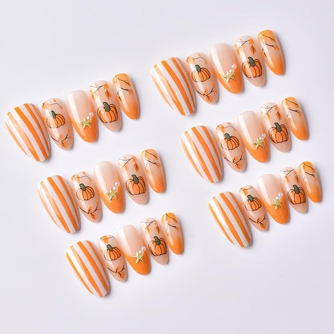30Pcs Cute Fall Press on Nails Almond Medium Fake Nails Autumn Cute Pumpkins Stripe Maple Leaves Acrylic Nail Starfish Pearl Nail Charms Reusable French Tips Glue Stick On Nails for Women Manicure