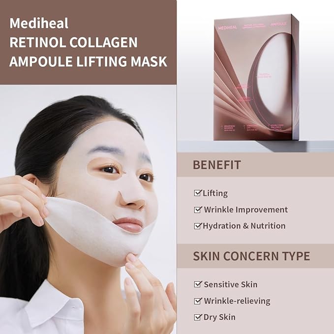 Mediheal Retinol Collagen Ampoule Lifting Mask (10 Counts) forV Line Mask, Anti-Aging - Helps Reduce Fine Lines & Wrinkles, and Smoothens Skin