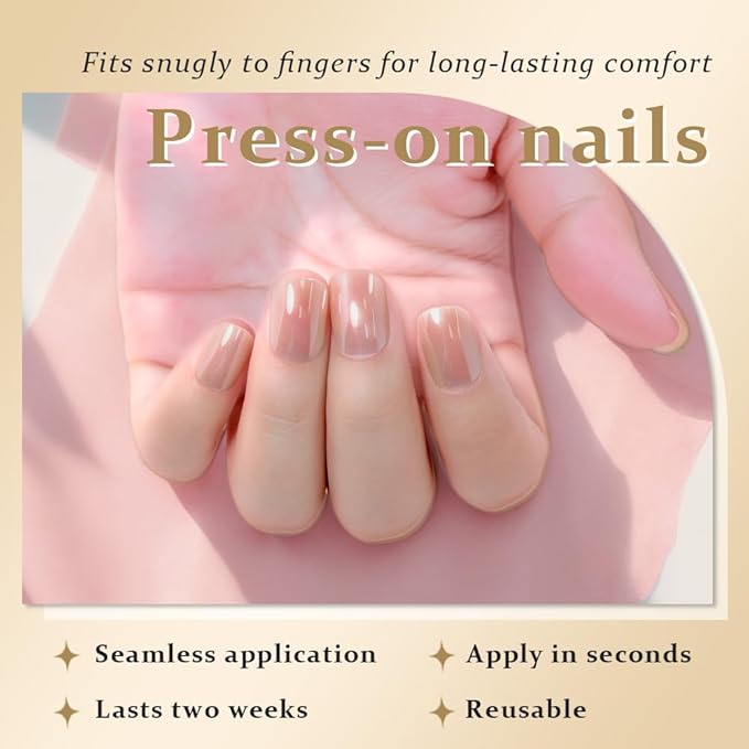 evpct Nude Glazed Press on Nails Short Square for Women Girls Gift, Chrome Glazed Nude Fake Nails Reusable with Soft Gel, Glossy Glitter Stick Glue on False Nail Kit Salon Quality DIY at Home, 01