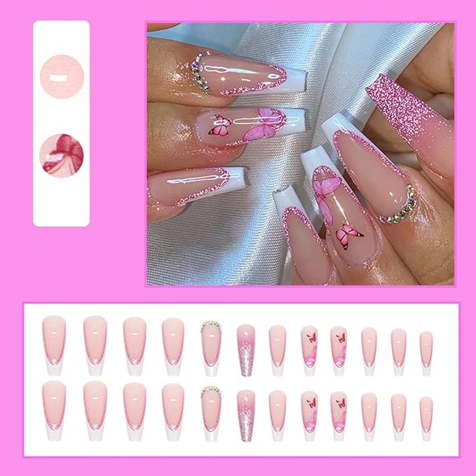 24 Pcs Medium Long Press on Nails French Tips Fake Nails with Rhinestones Pink Glitter Acrylic Nails French Butterfly Design Glue on Nails Full Cover False Nails for Women Artificial Nail Art Supplies