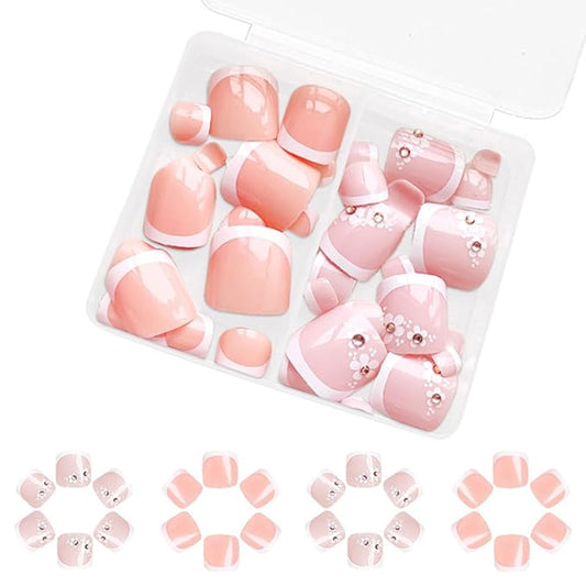 French Tip Press on Toenails Pink Fake Toe Nails with Floral Design Summer False Toenails White French Tips Toe Nails Kit Press ons Glossy Cute Toenails Flower Rhinestones Nails for Women 48Pcs