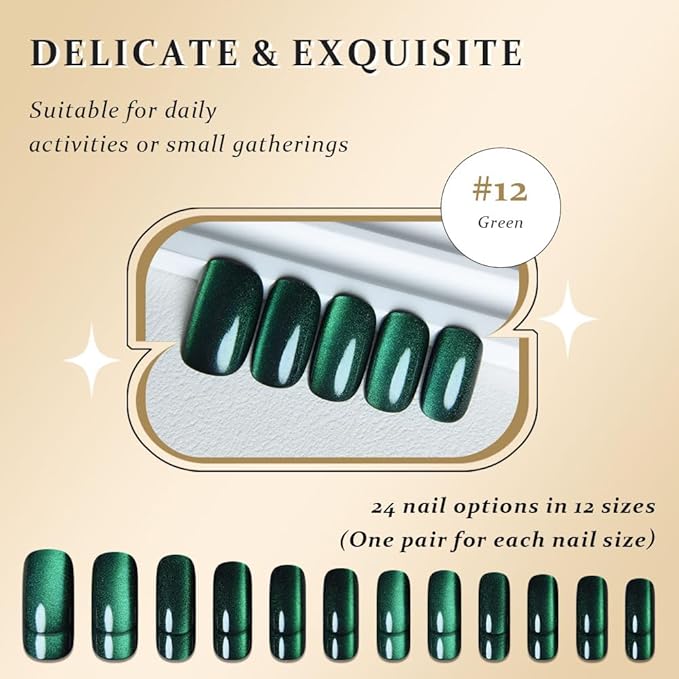 Cat Eye Green Press On Nails Medium Long Length Square, Designer Reusable Acrylic Fake Nail with Glue, Glossy Gel Nails Wedding Party, Stick On Glue On Nail, Nails Press Ons for Women