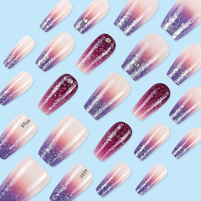 Medium Press on Nails Coffin Square Shape Fake Nails Purple Gradient Acrylic Glossy Glue on Nails with Glitter Designs French Tip Nails Short Stick on Nails Artificial Nails for Women Girls, 24Pcs