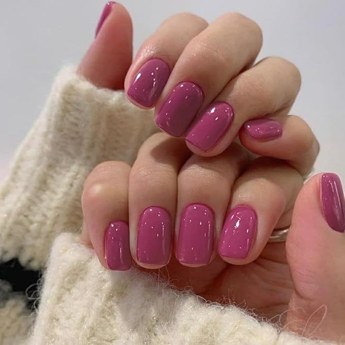 KQueenest Short Press on Nails Square Berry Purple Nails Set Glazed Gel Nails Press on Acrylic Nails Pure Fake Nails Short Nails Glue on Natural False Nails Bright Stick on Nails for Finger Wear