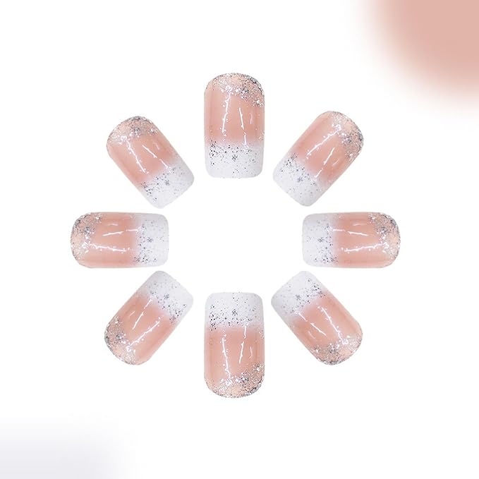 Press on Nails Medium Square Fake Nails French Tip Nails Press ons Glossy Glue on Nails White Ombre Acrylic Nails Brown False Nails with Glitter Designs Artificial Stick on Nails for Women 24Pcs