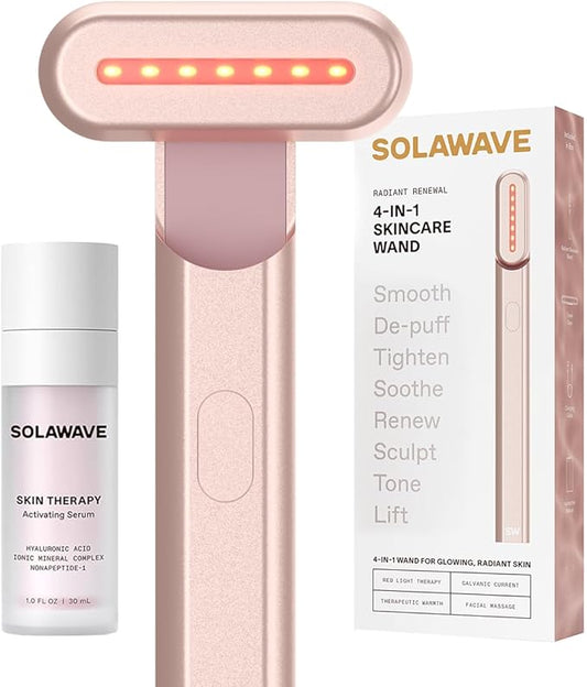 Solawave 4-in-1 Red Light Therapy Wand + Activating Serum | LED Skincare Device for Face & Neck | Facial Tool with Galvanic Current, Massage & Therapeutic Warmth | Reduces Appearance of Fine Lines