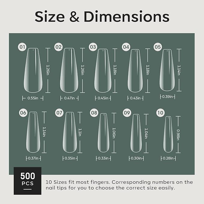 Modelones Long Coffin Nail Tips - 500Pcs Fake Nails Gel Clear Soft Acrylic Press on Pre-shape Full Cover Gel Extension Home DIY Salon Art Design 10 Sizes