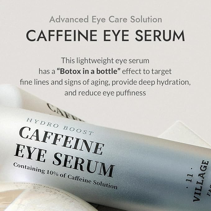 VILLAGE11FACTORY Hydro Boost Caffeine Eye Serum (0.33 fl.oz./10ml) With 10% Caffeine Solution Niacinamide & Hexapeptide-8 Depuff Elasticity Dark Circle Treatment