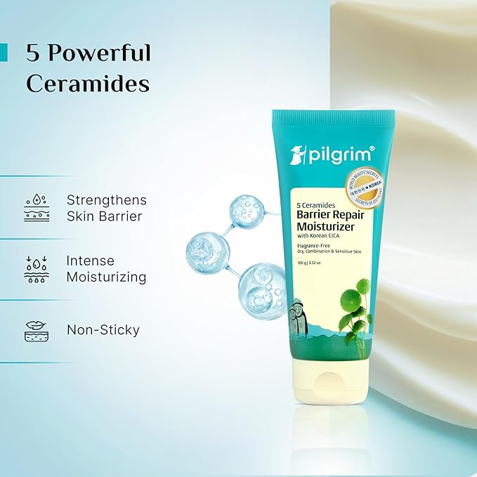 Pilgrim Korean Cica Moisturizer with 5 Ceramides & 2% Niacinamide Glow Gel Sunscreen SPF 50 PA+++ | Hydration, Barrier Strength & Bright Glow | Lightweight & Non-Sticky
