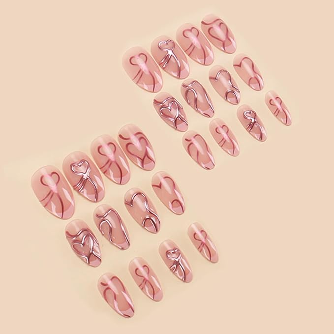 IMRAIN Pink Press on Nails Medium Almond Fake Nails French Tips Acrylic False Nails with 3D Heart Line Designs Glossy Glue on Nails Artificial Nail Supplies Full Cover Cute Handmade Stick on Nails