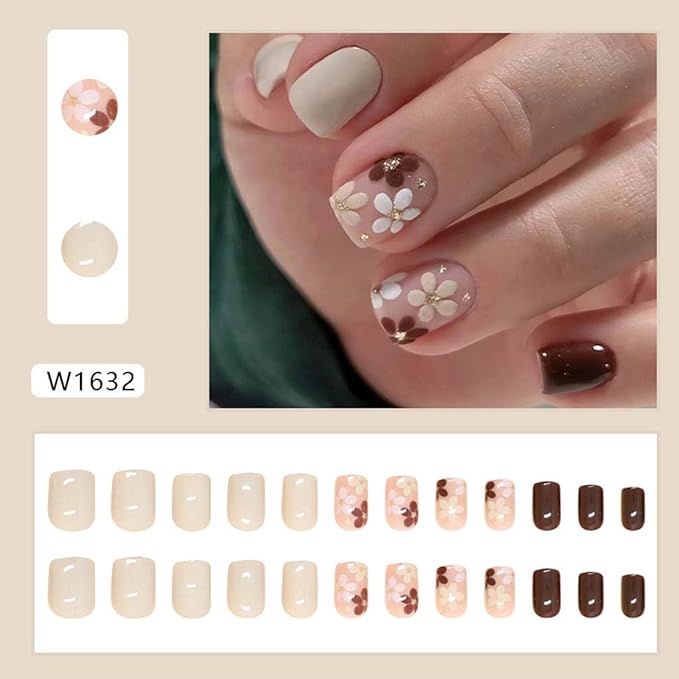 Flower Press on Nails Square Fake Nails Short False Nails with Design Brown Acrylic Nails Full Cover Artificial Nails Glossy Glue on Nails Stick on Nails for Women Manicure Art 24Pcs