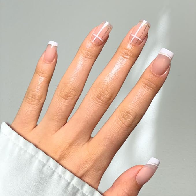 Perfect Look Press On Nails - Golden Grid | No Glue One-Day Short Square Nails, Nude French Tips with Checkered Line Design - 24 Pcs Nail Kit with Adhesive Tabs