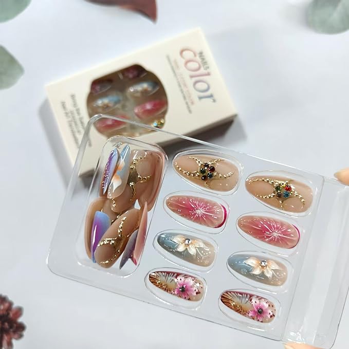 3D Flower Press on Nails Medium Almond Fake Nails Golden Starfish with Colorful Rhinestones Design Handmade Nails Pink Grapefruit False Nail Gradient Artificial Glue on Nail for Women 24Pcs