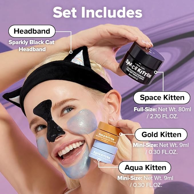 I DEW CARE Peel-off Face Mask Set - Astro Kitten | Exfoliating, Hydrating, Revitalizing, Whitehead Mask, Black Cat Spa Headband, Korean Skincare, Glass Skin, Stocking Stuffers, Travel Size, Mini Set