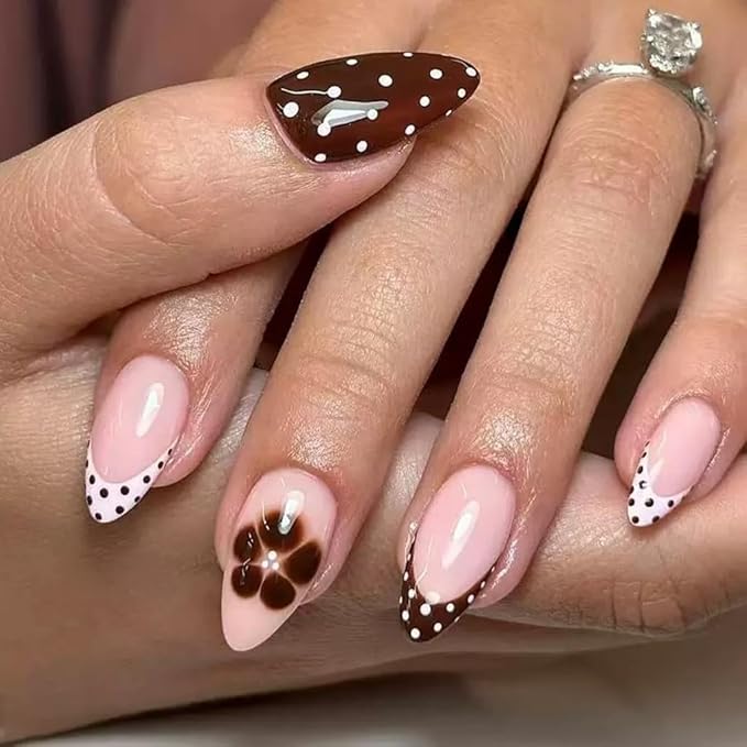 6 Packs (144 Pcs) Press on Nails Short Square, Almond Press on Nails, with Leopard Print Polka Dot Design French Tip Fake Nails for Women - 12 Sizes, 6Styles