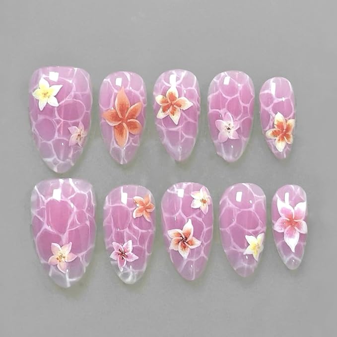 24Pcs Flower Press on Nails Medium Almond Fake Nails Marble Pattern Cute Floral Nail Art False Nails Short Almond-shaped Full Cover Reusable Artificial Nails Handmade False Nails for Women