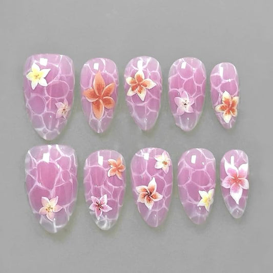 24Pcs Flower Press on Nails Medium Almond Fake Nails Marble Pattern Cute Floral Nail Art False Nails Short Almond-shaped Full Cover Reusable Artificial Nails Handmade False Nails for Women