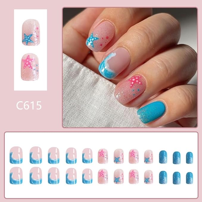 Square Press On Nails Short Fake Nails Starfish With Sea Glitter Design Blue False Nails Summer Glue On Nails Acrylic Full Cover Artificial Nails Glossy Stick On Nails For Women Manicure Art 24pcs